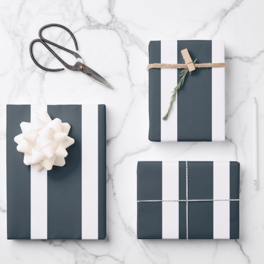 ネイビーブルー垂直ストライプ ラッピングペーパーシート (正面)