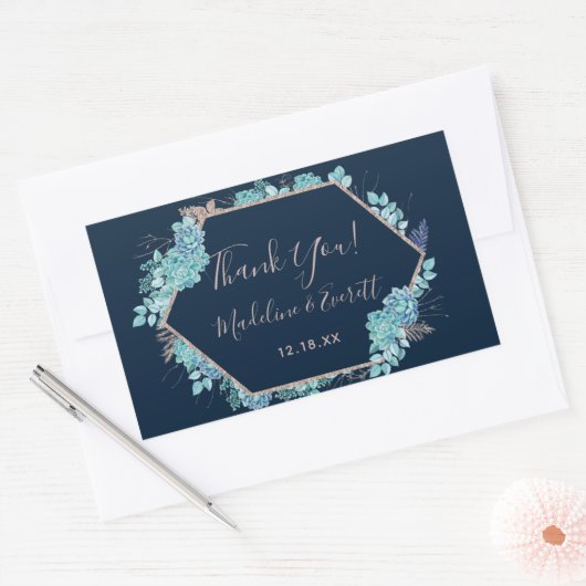 ネイビーブルー多肉植物&バラ金ゴールド結婚ズサンキュー 長方形シール (封筒)