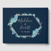 ネイビーブルー多肉植物&バラ金ゴールド結婚ズモノグラム ゲストブック (裏面)