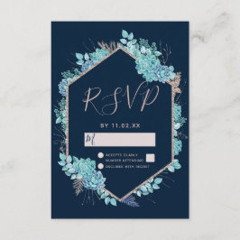 ネイビーブルー多肉植物&バラ金ゴールド結婚式RSVP 出欠カード