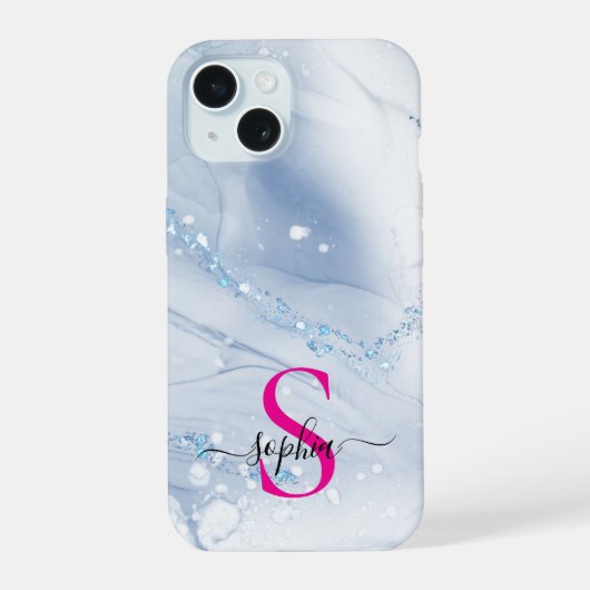 ネイビーブルー大理石ゴールドラメモノグラム iPhone 15ケース (裏面)