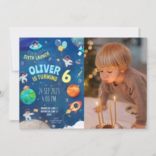 ネイビーブルー宇宙テーマ写真誕生日 招待状 (正面)