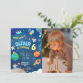 ネイビーブルー宇宙テーマ写真誕生日 招待状 (スタンド正面)