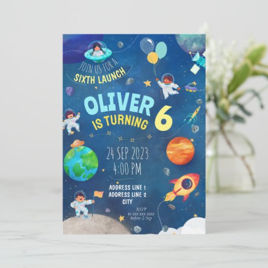 ネイビーブルー宇宙テーマ誕生日 招待状 (スタンド正面)