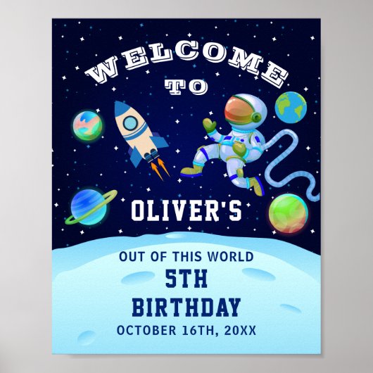 ネイビーブルー宇宙飛行士宇宙誕生日会 ポスター (正面)