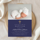 ネイビーブルー宗教十字写真少年バプテスマ 招待状