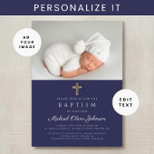 ネイビーブルー宗教十字写真少年バプテスマ 招待状