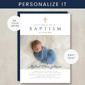 ネイビーブルー宗教十字写真少年バプテスマ 招待状