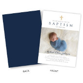 ネイビーブルー宗教十字写真少年バプテスマ 招待状