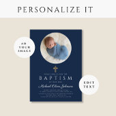 ネイビーブルー宗教十字少年の写真バプテスマ 招待状