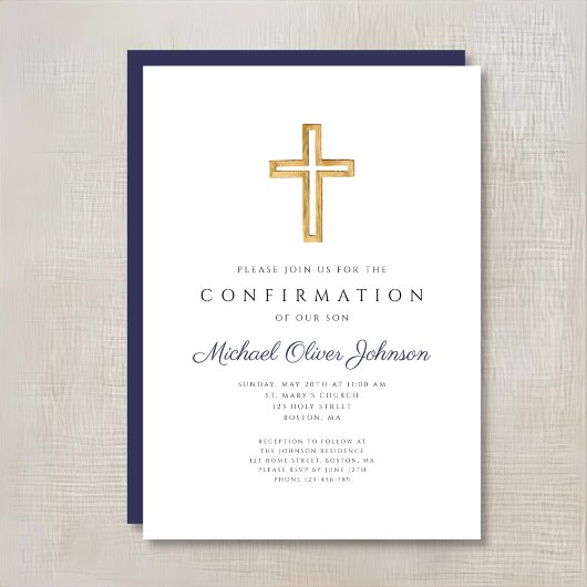 ネイビーブルー宗教十字少年の確認 招待状