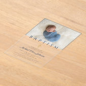 ネイビーブルー宗教十字少年バプテスマ写真 アクリル招待状 (レイダウン)