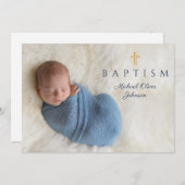 ネイビーブルー宗教十字少年バプテスマ写真 招待状 (正面/裏面)