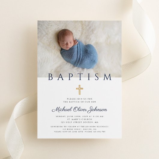 ネイビーブルー宗教十字少年バプテスマ写真 招待状