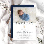 ネイビーブルー宗教十字少年バプテスマ写真 招待状