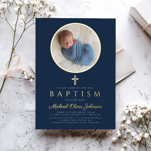 ネイビーブルー宗教十字少年フォトバプテスマ金ゴールド 箔招待状