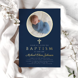 ネイビーブルー宗教十字少年フォトバプテスマ金ゴールド 箔招待状