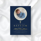 ネイビーブルー宗教十字少年フォトバプテスマ金ゴールド 箔招待状