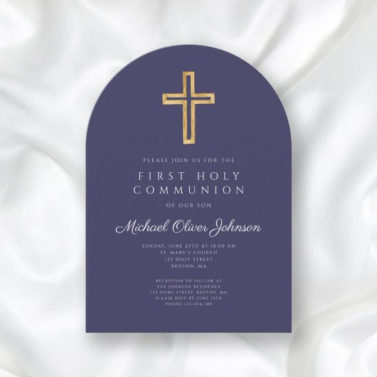ネイビーブルー宗教十字騎士第一聖体拝領アーチ 招待状