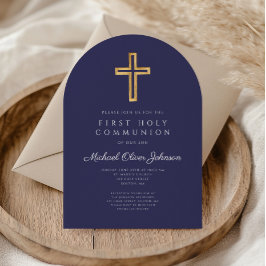 ネイビーブルー宗教十字騎士第一聖体拝領アーチ 招待状