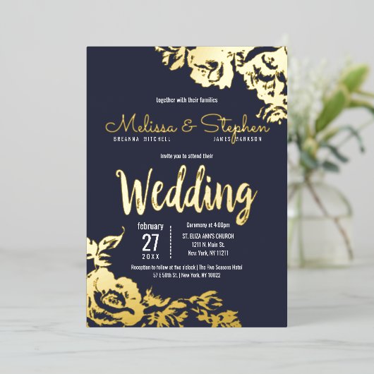 ネイビーブルー実在金ゴールドフローラ結婚's 箔招待状 (立ち正面)