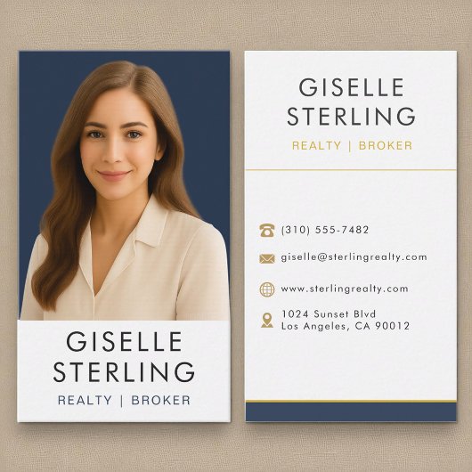 ネイビーブルー実在金ゴールド不動産ブローカープロフェッショナル 名刺