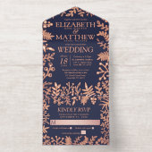 ネイビーブルー実在&バラゴールドフォイルフローラ結婚ズ オールインワン招待状 (内側)