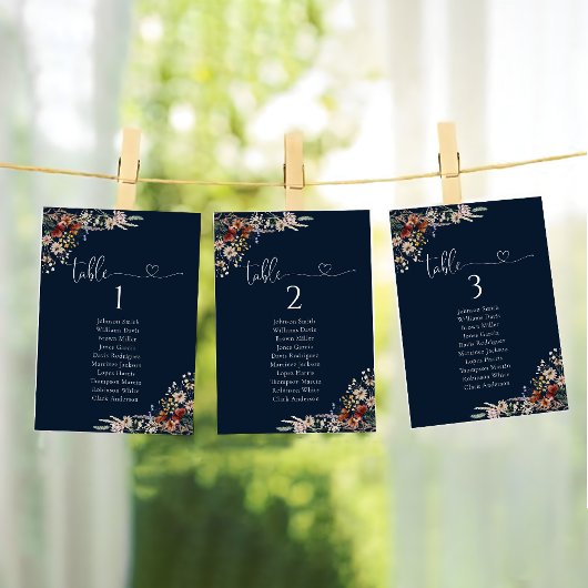 ネイビーブルー小さなワイルドフラワーテーブル座席表カード