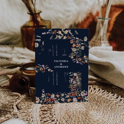 ネイビーブルー小さな結婚ワイルドフラワーズベリーバンド 招待状ベリーバンド