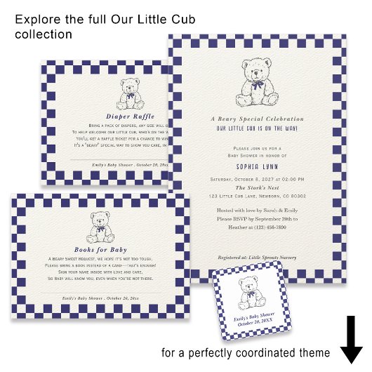 ネイビーブルー市松模様にテディベア – 私たちの小さな子 サンキューカード