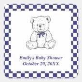 ネイビーブルー市松模様にテディベア – 私たちの小さな子 スクエアシール (正面)