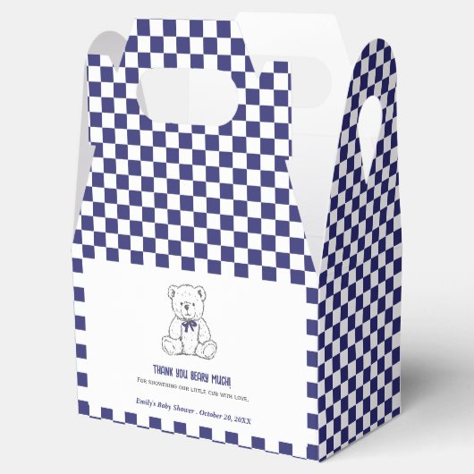 ネイビーブルー市松模様にテディベア – 私たちの小さな子 フェイバーボックス (オープン)
