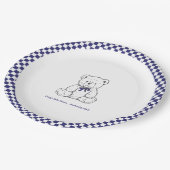 ネイビーブルー市松模様にテディベア – 私たちの小さな子 ペーパープレート (アングル)