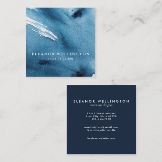 ネイビーブルー抽象芸術水彩テクスチャカスタム スクエア名刺 (正面/裏面)