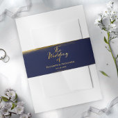 ネイビーブルー抽象芸術水彩金箔結婚ズ 招待状ベリーバンド