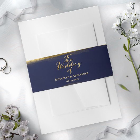 ネイビーブルー抽象芸術水彩金箔結婚ズ 招待状ベリーバンド