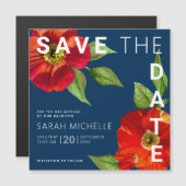 ネイビーブルー救バルミツワー日付フローラ水色 マグネット招待状 (正面/裏面)