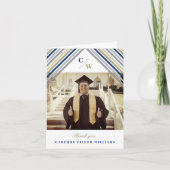 ネイビーブルー斜ストライプ斜め写真モダン卒業 サンキューカード (正面)