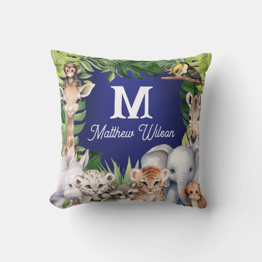 ネイビーブルー新生児ボーイかわいいジャングルの名前子供部屋 クッション (正面)