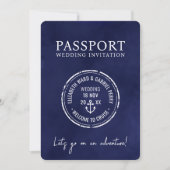 ネイビーブルー旅行パスポート目的地の結婚式 招待状 (正面)