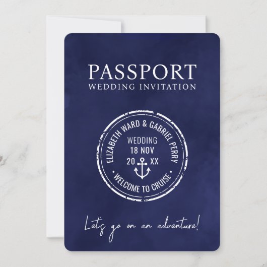 ネイビーブルー旅行パスポート目的地の結婚式 招待状 (正面)