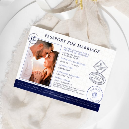ネイビーブルー旅行パスポート目的地の結婚式 招待状