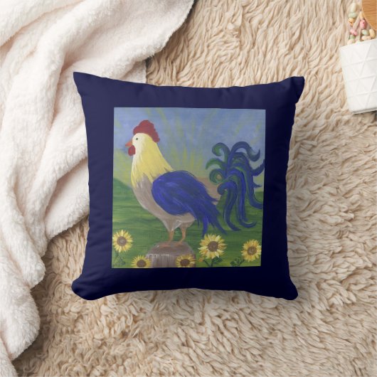 ネイビーブルー枕の上のルースターサンライズ両面 クッション (ブランケット)