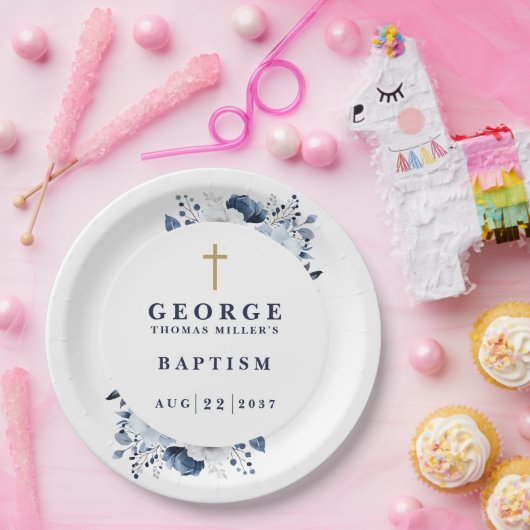 ネイビーブルー植物学モダン洗礼 ペーパープレート (パーティー)