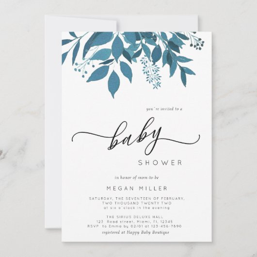 ネイビーブルー植物学 | 冬の赤ちゃんシャワーをスクリプト 招待状 (正面)