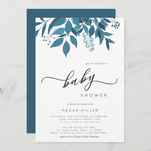 ネイビーブルー植物学 | 冬の赤ちゃんシャワーをスクリプト 招待状 (正面/裏面)