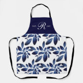 ネイビーブルー植物株モノグラムの エプロン (正面)