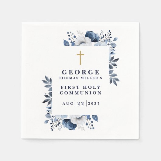 ネイビーブルー植物聖モダン聖会 スタンダードカクテルナプキン (正面)