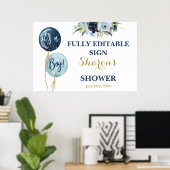 ネイビーブルー気球ベビーシャワー少年のサイン ポスター (ホームオフィス)