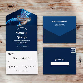 ネイビーブルー水中ゲリ航海のー結婚ズ オールインワン招待状